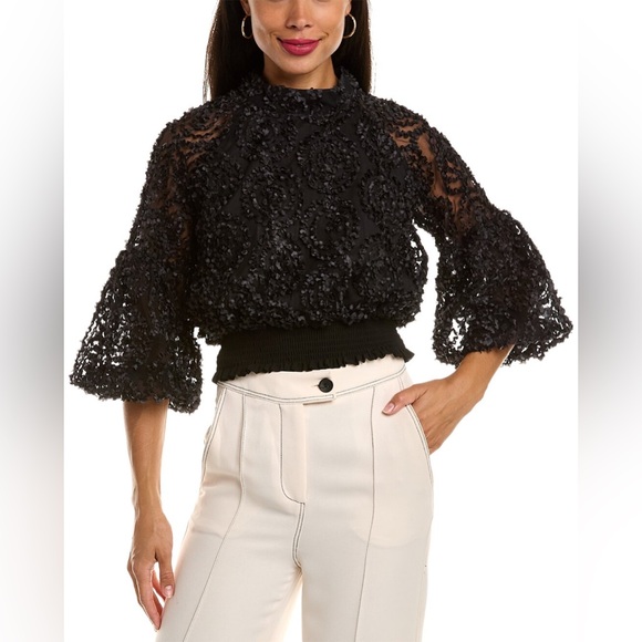 Dimensional Flower Top with Puff Sleeves - Picture 1 of 6